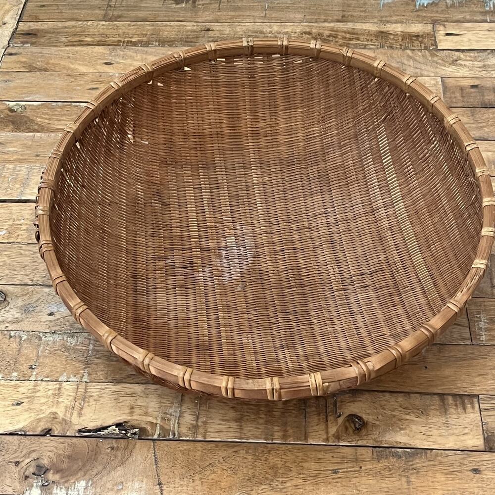 Vintage Hand Woven Sieve Woven Split Bamboo Winnowing Round Basket Tray 14"